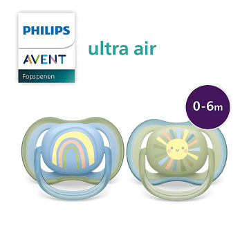 Lot de 2 sucettes Philips Avent Ultra Air 0-6 mois : tétine silicone orthodontique, aérations extra-larges pour peau sèche. Boîtier stérilisant inclus